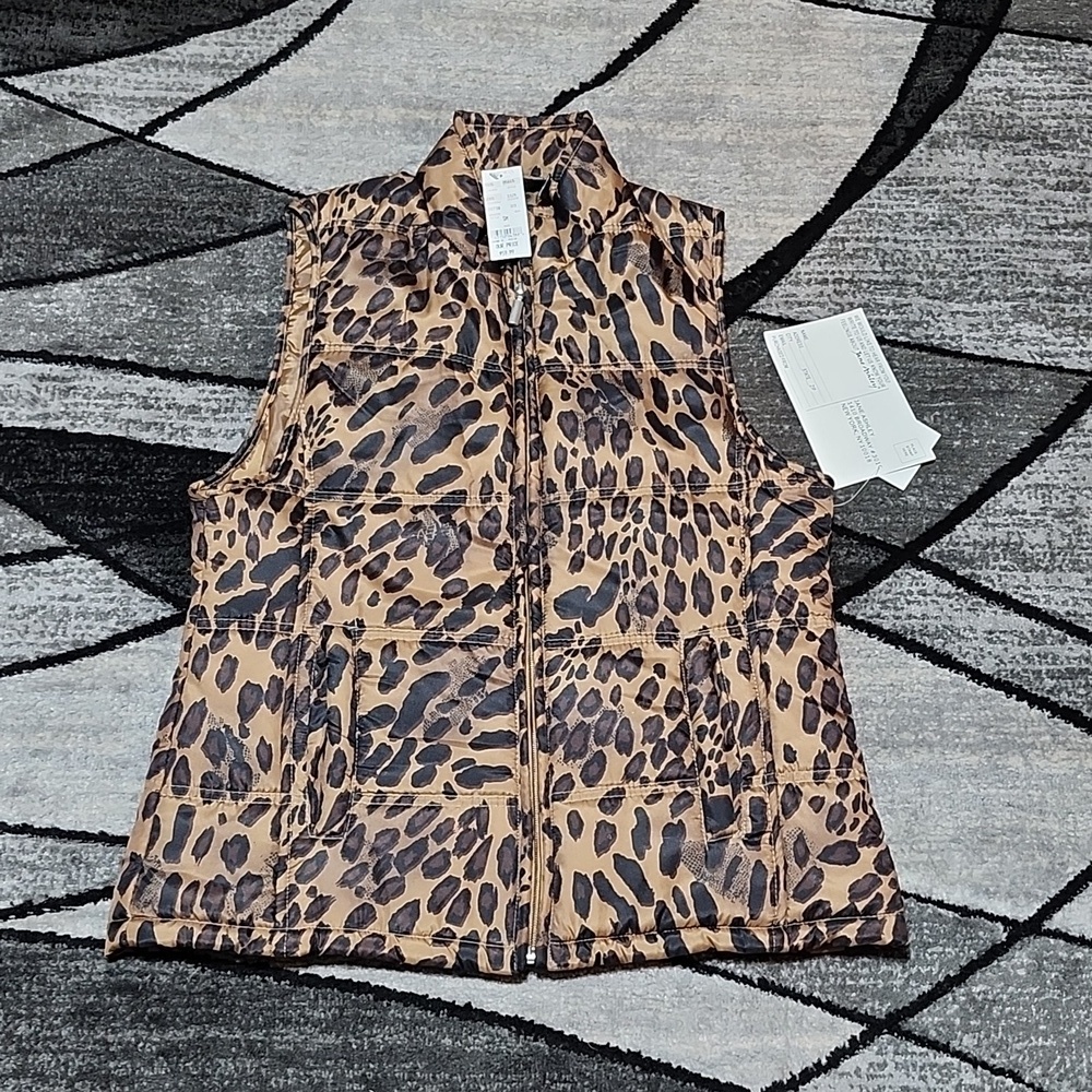 JANE ASHLEY LEOPARD PRINT FULL-ZIP PUFFER VEST SMALL